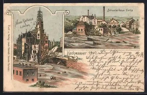Lithographie Dresden-Löbtau, Neues Rathaus, Schusterhaus Cotta nach Hochwasser