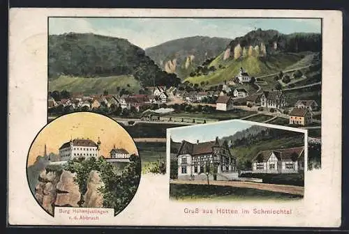 Künstler-AK Eugen Felle: Hütten /Schmiechtal, Ortsansicht, Burg Hohenjustingen v. d. Abbruch