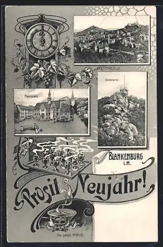 AK Blankenburg i. H., Grossvater, Marktplatz, Totalansicht, Punschgefäss u. -tablett, Uhr mit Weinranke, Neujahrsgruss