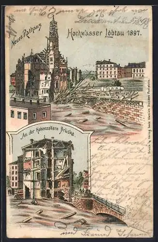 Lithographie Löbtau / Dresden, Hochwasser 1897: Neues Rathaus, An der Hohenzollernbrücke