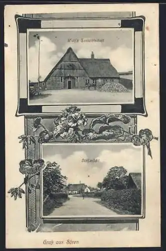AK Sören, Wulfs Gasthaus, Dorfansicht von der Strasse aus, Rahmen, Blumenranke