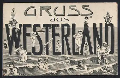 AK Westerland, Badegäste in Badeanzügen im Meer