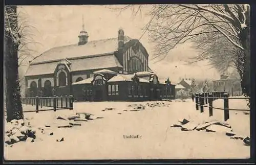 AK Preetz, Blick auf die Stadthalle im Schnee