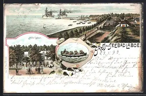 Lithographie Laboe, Hotel und Hafenansicht