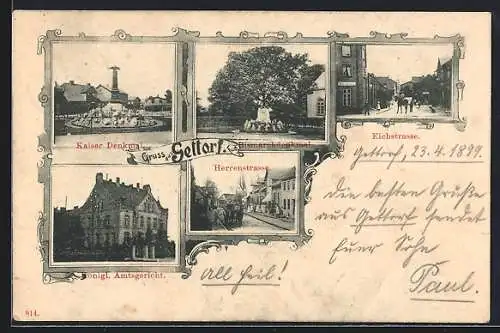 AK Gettorf, Kaiser Denkmal, Königliches Amtsgericht, Bismarckdenkmal