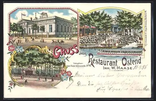 Lithographie Berlin-Niederschöneweide, Restaurant Ostend W. Haase von der Strasse u. vom Wasser aus, Gartenansicht
