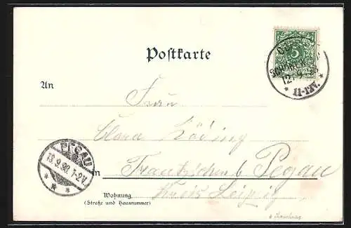 Lithographie Berlin-Niederschöneweide, Restaurant Ostend W. Haase von der Strasse u. vom Wasser aus, Gartenansicht