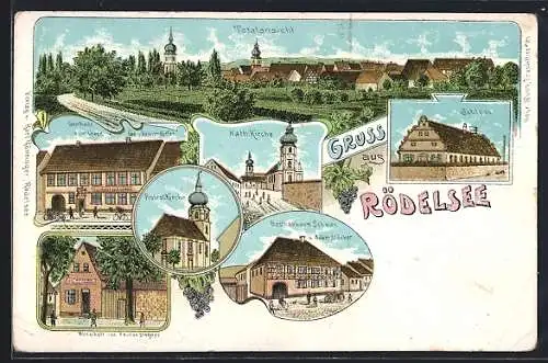 Lithographie Rödelsee, Gasthaus zum Löwen, Gasthaus zum Schwan, Schloss, Gasthof von P. Stegner