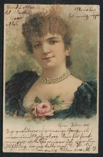 Echt-Haar-AK Dame mit Perlenkette