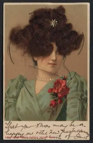 Echt-Haar-AK Dame im grünen Kleid