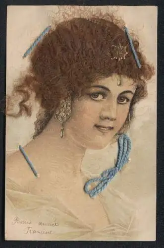 Echt-Haar-AK Dame mit Ohrringen