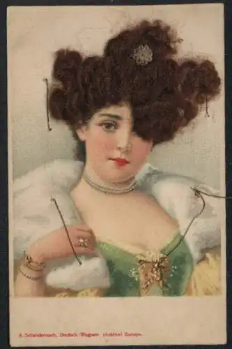 Echt-Haar-AK Elegante Dame mit Perlenkette