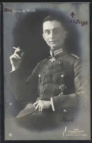 AK Sanke Nr. 523, Leutnant Wolff in Uniform mit Zigarette