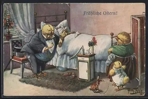 Künstler-AK A. Thiele: Ostern, Doktor Küken am Krankenbett