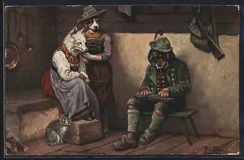 Künstler-AK Arthur Thiele: Dackel spielt Zither