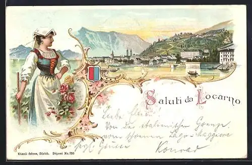 Lithographie Locarno, Sennerin in Tracht, Panorama