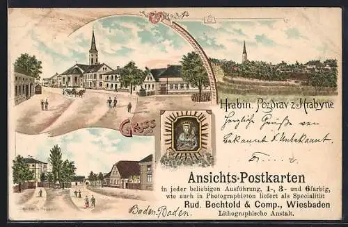 Lithographie Hrabin, Ortsansichten mit Kirche