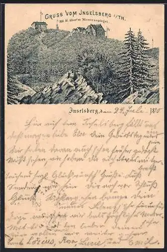 Vorläufer-Lithographie Inselsberg i. Th., 1890, Ortsansicht mit Wald, Ganzsache