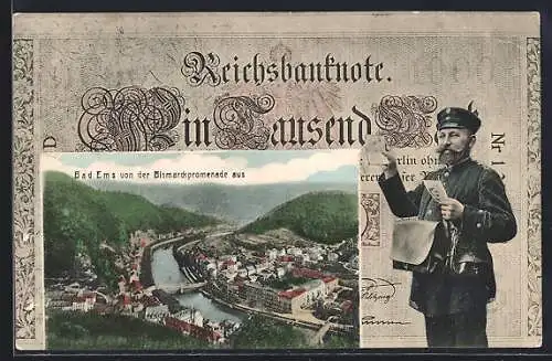 AK Bad Ems, Blick auf den Ort von der Bismarckpromenade aus, Reichsbanknote, Briefträger mit Posttasche
