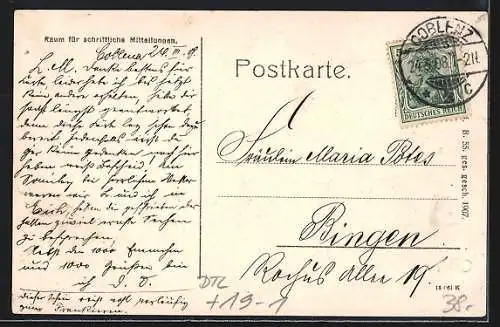 AK Bad Ems, Blick auf den Ort von der Bismarckpromenade aus, Reichsbanknote, Briefträger mit Posttasche