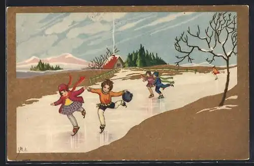 Künstler-AK Kinder beim Schlittschuhlaufen, Art Deco