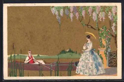 Künstler-AK Mann holt Frau in Ruderboot ab, Art Deco