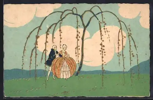 Künstler-AK Rokoko Mann und Frau unter einer Weide, Art Deco