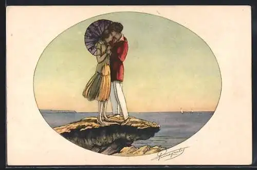 Künstler-AK Paar umarmt sich an einer Klippe, Art Deco