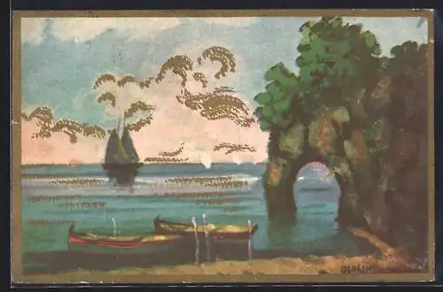 Künstler-AK Ruderboote an der Küste, Art Deco