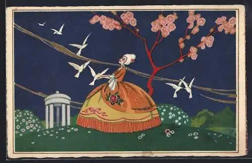 Künstler-AK Frau auf einer Wiese mit Schwalben, Art Deco