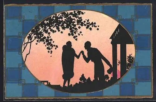 Künstler-AK Mann nimmt die Hand einer Frau, Art Deco