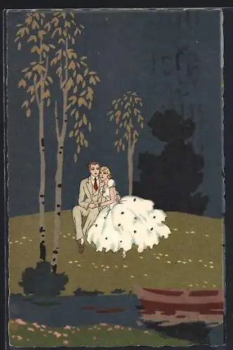 Künstler-AK Pärchen sitzt zusammen auf einer Wiese, Art Deco