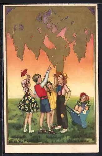 AK Kinder stehen unter einem Baum, Art Deco