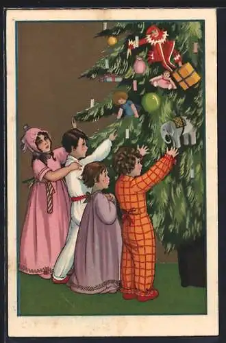Künstler-AK Kinder stehen am Weihnachtsbaum, Art Deco
