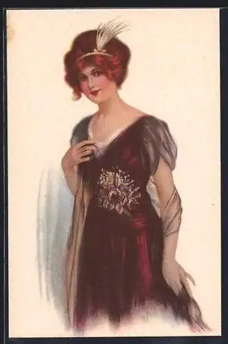 Künstler-AK Elegante Dame im Kleid, Art Deco