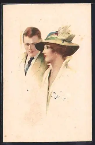Künstler-AK Mann und Frau im Portrait, Art Deco