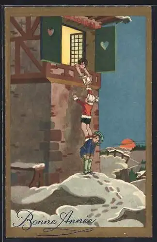 Künstler-AK Mädchen gibt Jungen einen Liebesbrief, Art Deco