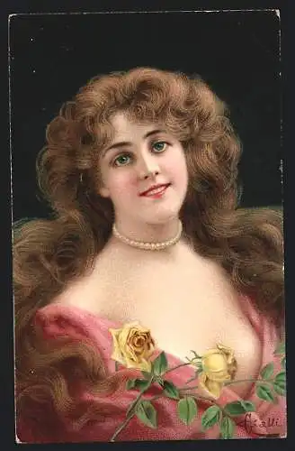 Künstler-AK sign. Galli: Frauenporträt mit Perlenkette und gelber Rose