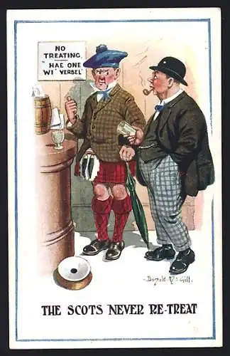 Künstler-AK Donald McGill: Scots never re-treat, Zwei Männer in einem Pub, Schotte zeigt auf ein Schild