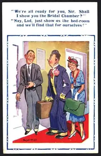 Künstler-AK Donald McGill: Paar wird zu ihrem Hotelzimmer geführt, We`re all ready for you, Sir. Shall I show you...