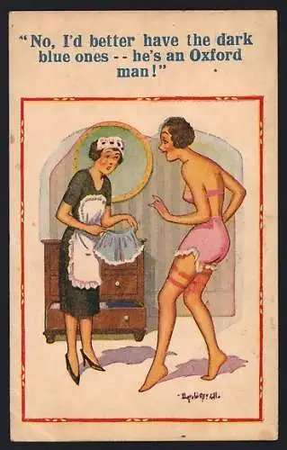 Künstler-AK Donald McGill: Frau in Unterwäsche mit Dienstmädchen, No, I`d better have the dark blue ones...