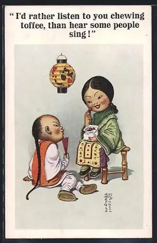 Künstler-AK Donald McGill: Asiatischer Mann sieht Frau beim Essen zu, I`d rather listen to you chewing toffee...