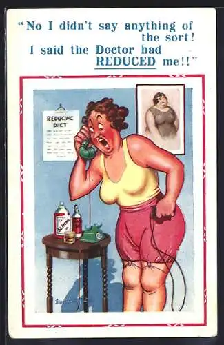 Künstler-AK Donald McGill: Frau spricht wütend ins Telefon, No I didn`t say anything of the sort!...