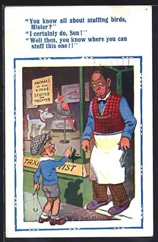 Künstler-AK Donald McGill: Junge hält Mann toten Vogel hin, You know all about stuffing birds, Mister?