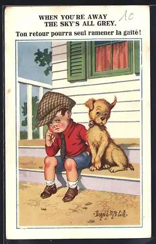 Künstler-AK Donald McGill: Junge und Hund sitzen zusammen auf einer Treppe, When you`re away the sky`s all grey