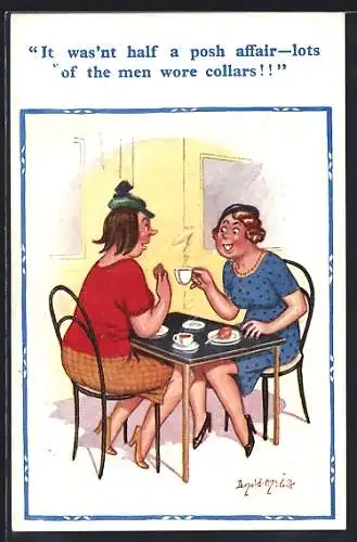 Künstler-AK Donald McGill: Zwei Frauen sitzem beim Kaffee