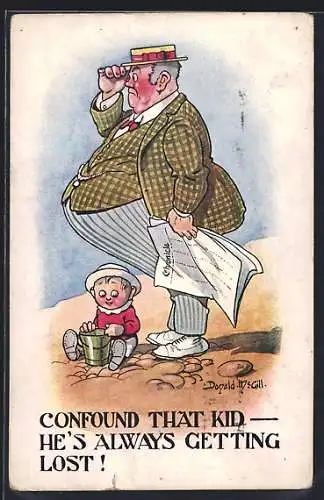 Künstler-AK Donald McGill: Mann sucht nach Kind, Confound that kid- he`s always getting lost!