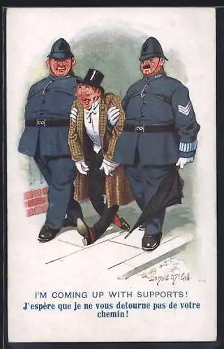 Künstler-AK Donald McGill: Polizisten begleiten betrunkenen Mann, I`m coming up with supports!