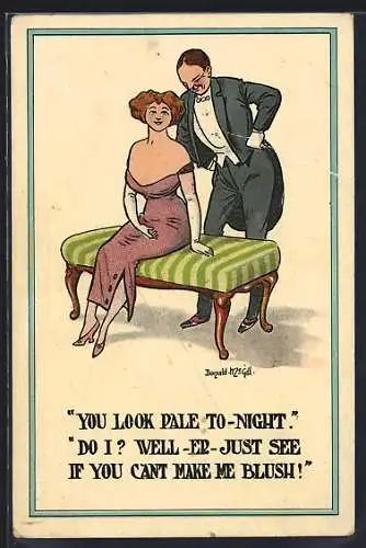 Künstler-AK Donald McGill: Mann spricht mit Frau, die auf einer Bank sitzt, You look pale to-night.