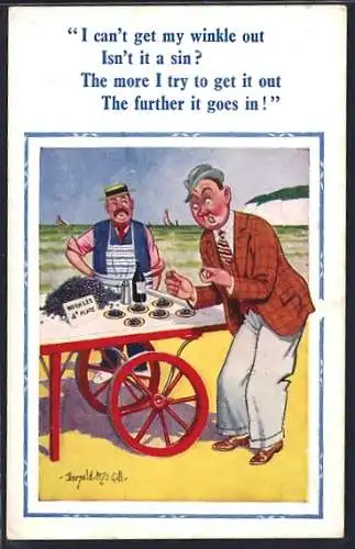 Künstler-AK Donald McGill: Mann an einem Verkaufsstand, I can`t get me winkle out. Isn`t it a sin?